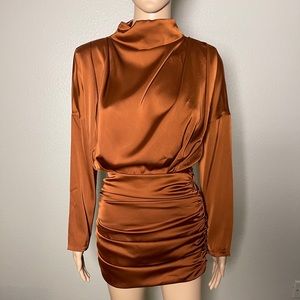 Copper Slinky Ruched Mock Neck Mini Dress